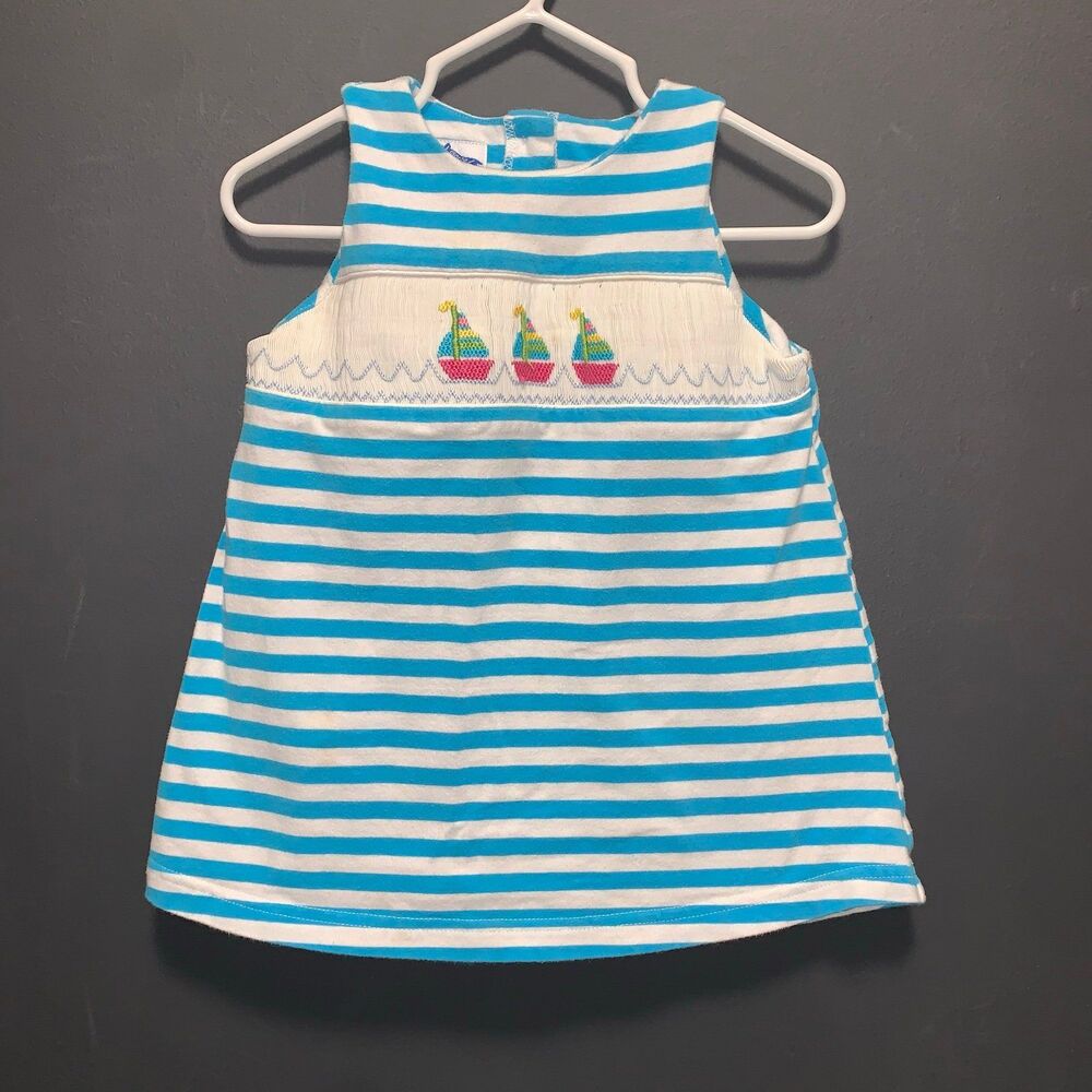 Girls 18m Smocked Sail Boat Dress Blue White Stripes - Picture 1 of 6